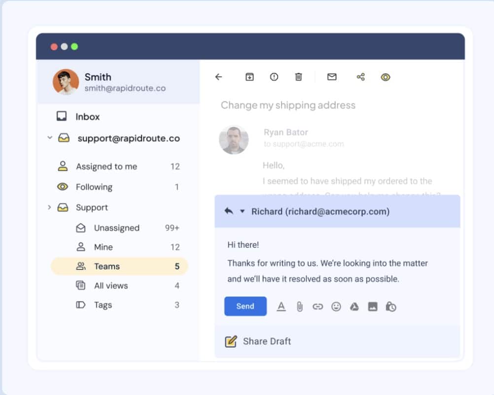 Hiver’s Shared Drafts feature, letting teams figure out the best possible replies